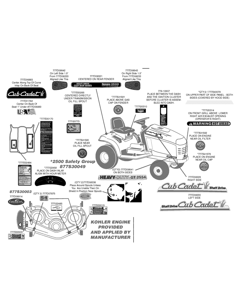 Label Map Diagram and Parts List for GT2554 K015-Before-13A2A7K710 Cub Cadet Lawn Tractor